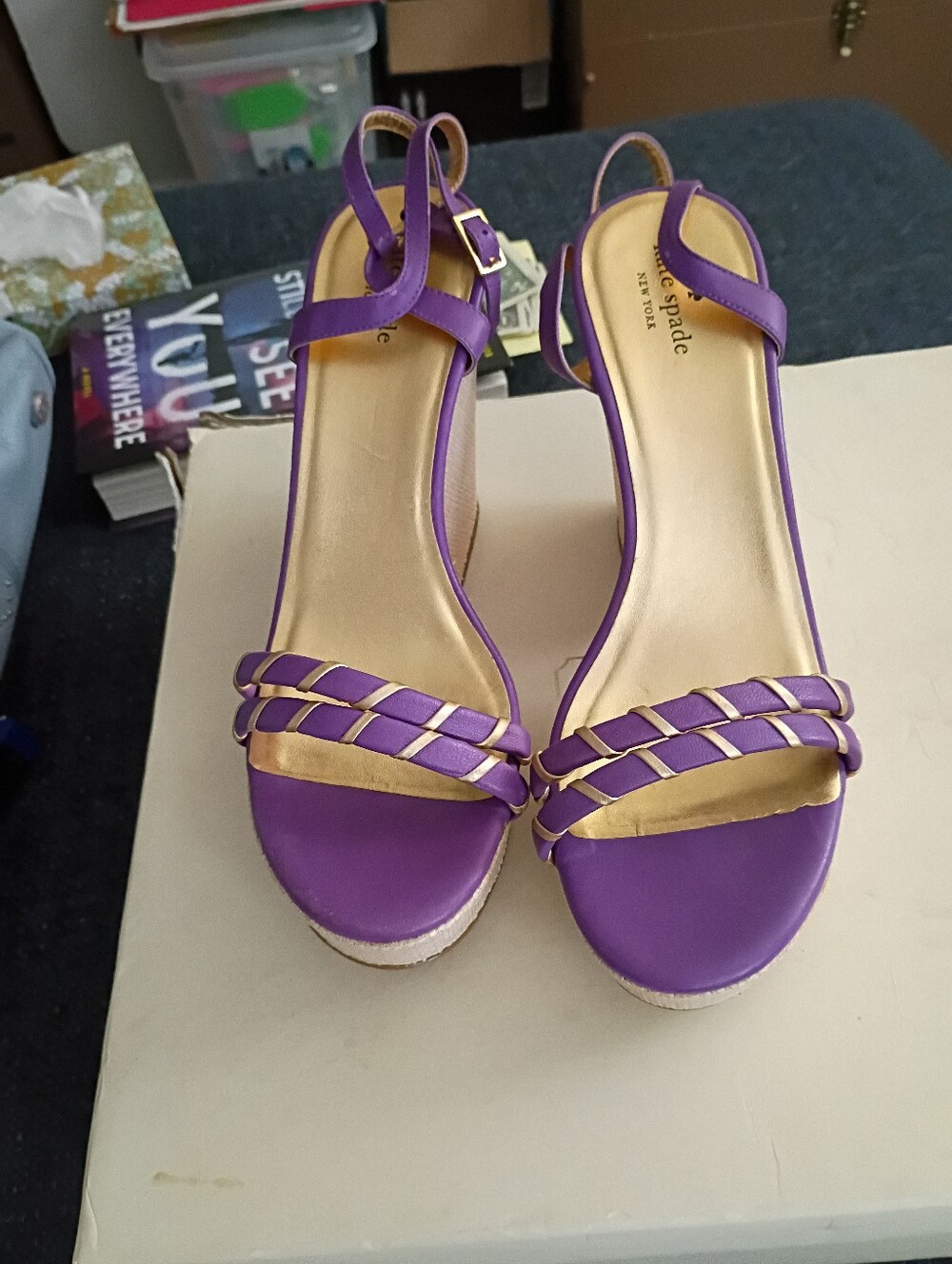 Kate Spade  Purple Braided Strap Wedge Sandals with Gold Accents